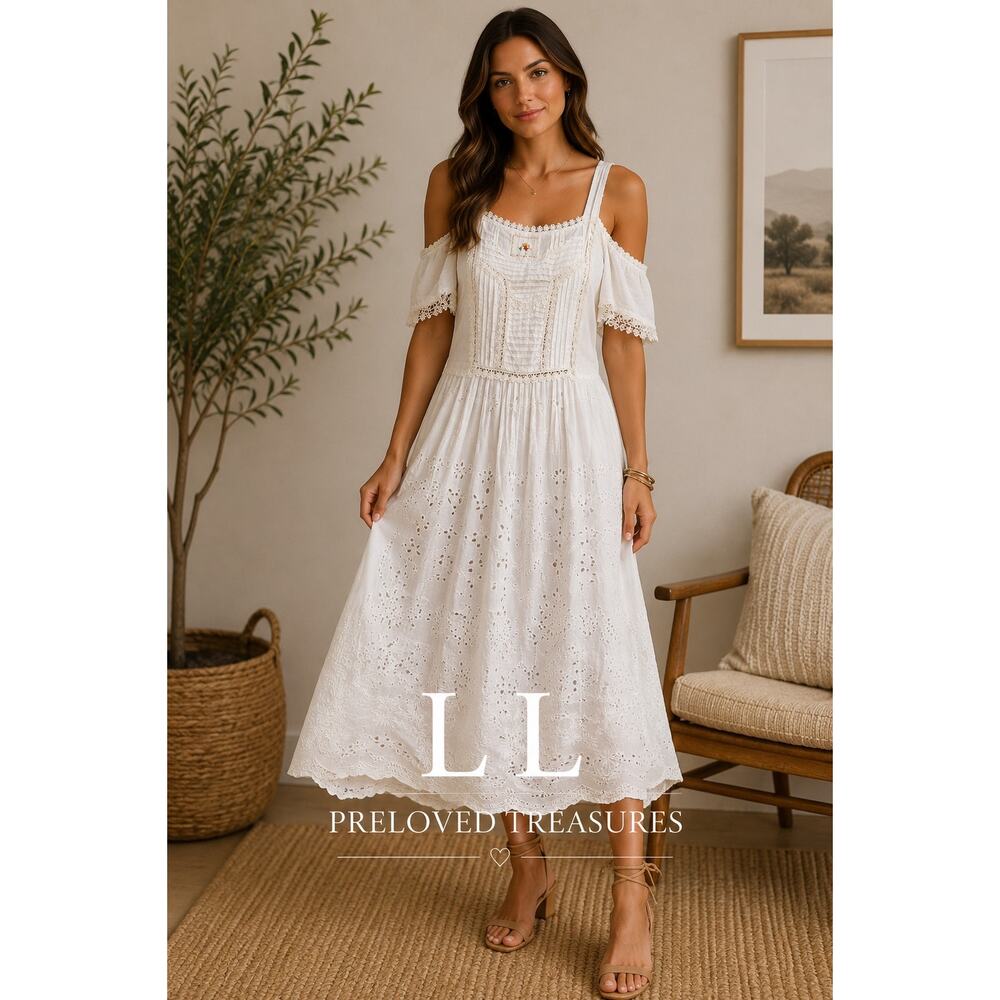 Johnny Was White Eyelet Embroidered Cold Shoulder Midi Dress Medium
